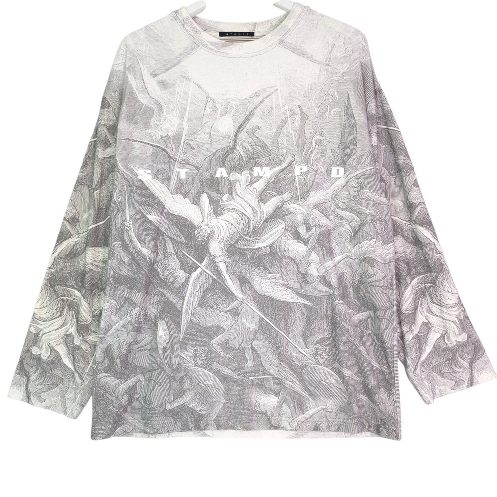 Stampd Angel Graphic Long Sleeve T-Shirt Mens L Cotton Grey White Renaissance